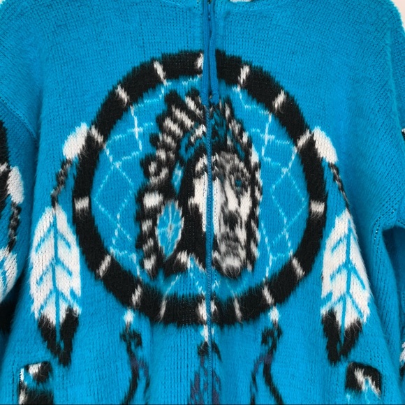 Rare Tejidos Native American Dream Catcher Blue Fluffy Wool Jacket Size M/L - Picture 4 of 14